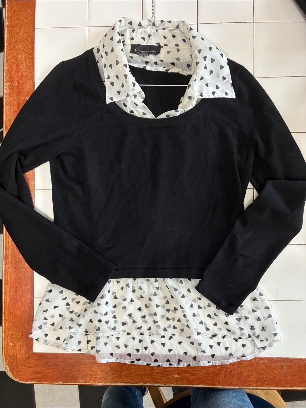 INC International Concepts Black Sweater with White Heart-Print Shirt Front